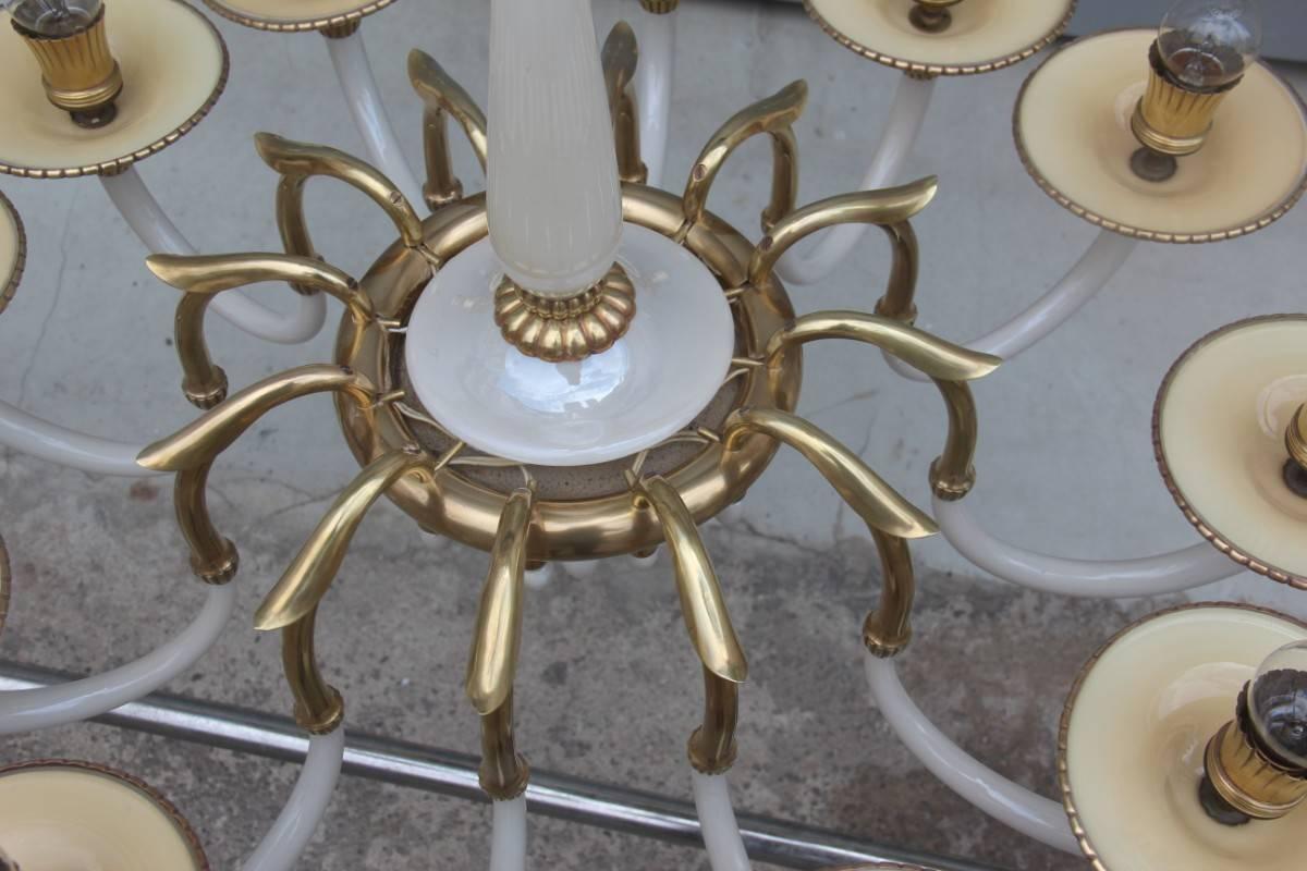 Elegant Chandelier in Opal Glass and 1950s Italian Design Brass For Sale 3