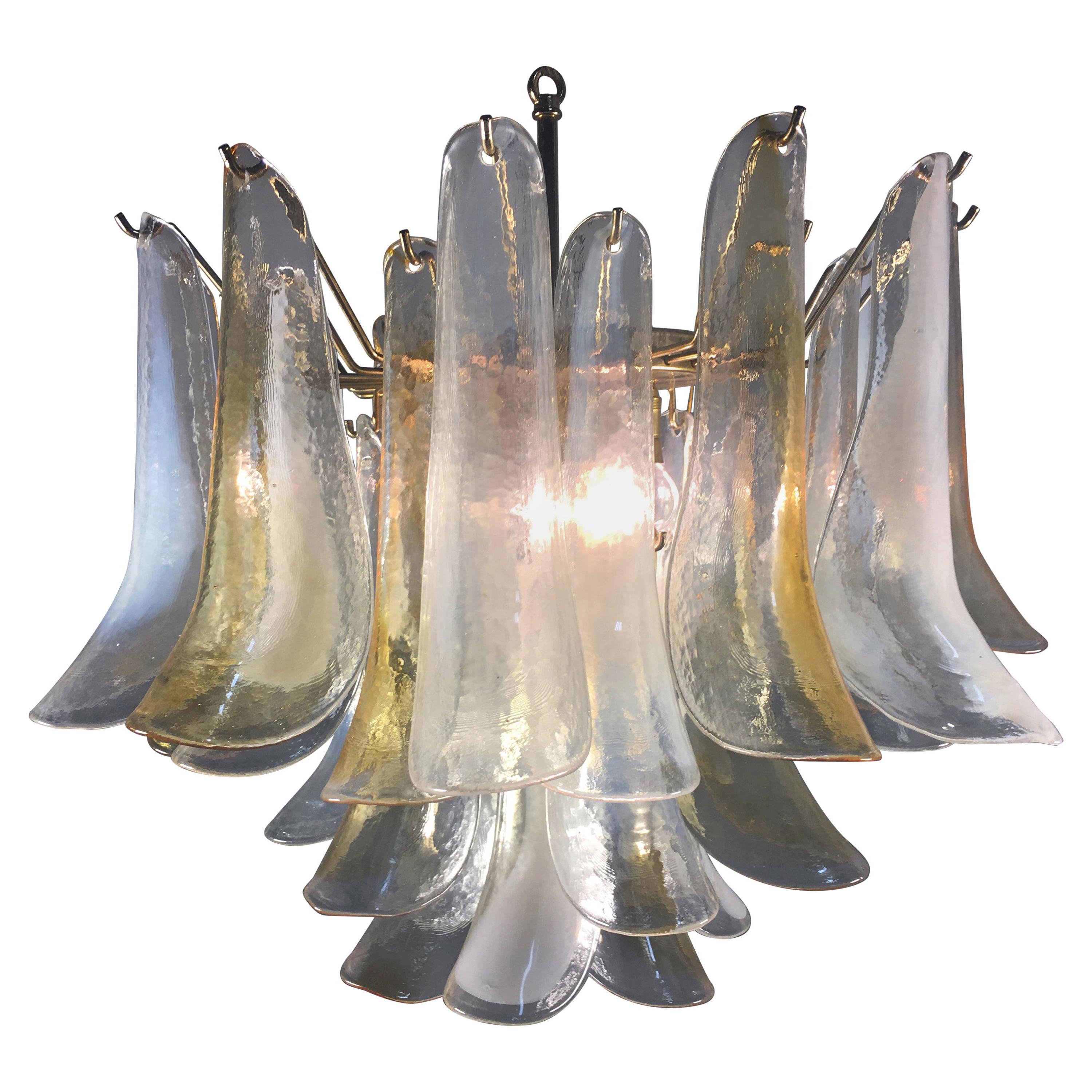 Elegant Chandelier 36 White and Amber Petals, Murano, 1990s For Sale