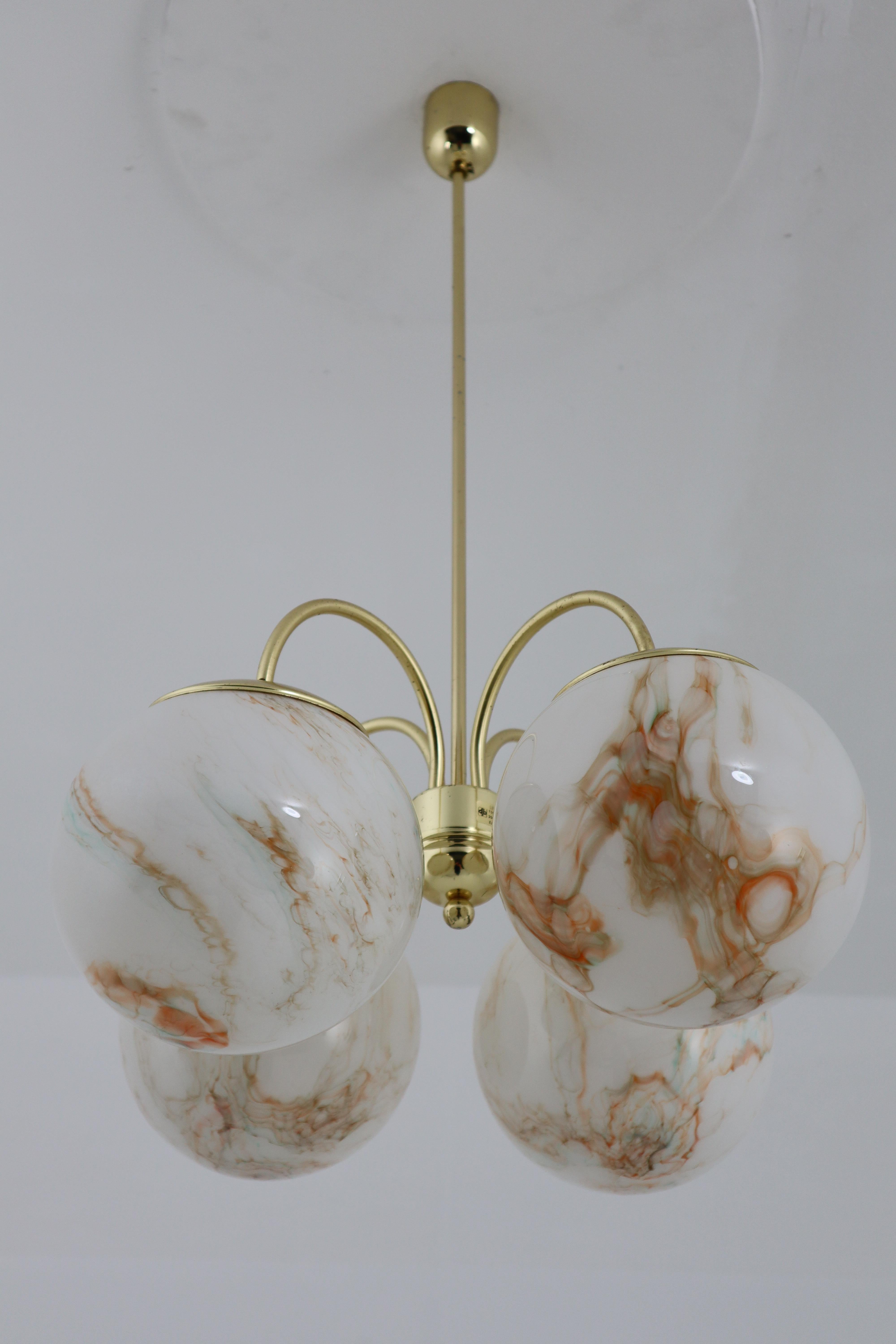 Elegant Chandeliers with Brass Fixture and Marble Structure Art-Glass Globes In Good Condition In Almelo, NL