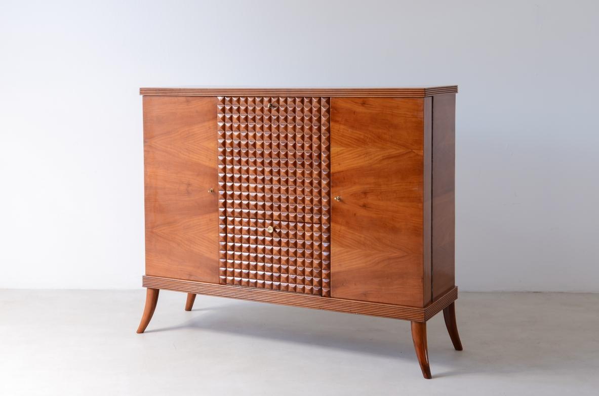 Cherry Elegant cherry bar cabinet with diamond-cut wood front by Paolo Buffa For Sale