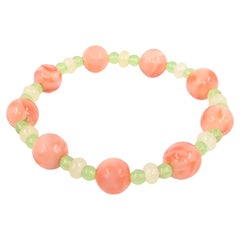 Elegant Chinese Antique Salmon Coral & Agate Beaded Bracelet 6.5"