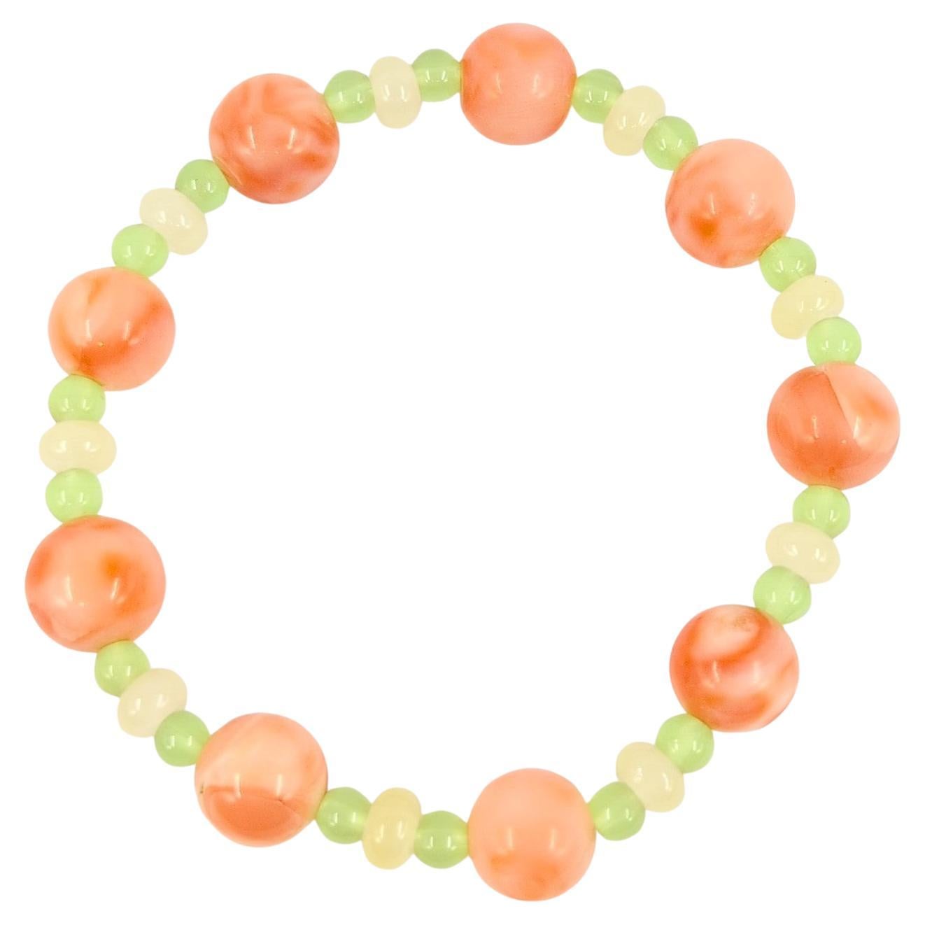 Elegante pulsera china antigua de cuentas de coral salmón y ágata 6,5 en venta