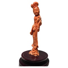 Elegant Chinese Lady Sculpture in Red Coral