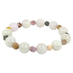 Elegant Chinese White Jadeite and Faceted Agate Beaded Bracelet 6"-6.25" wrist