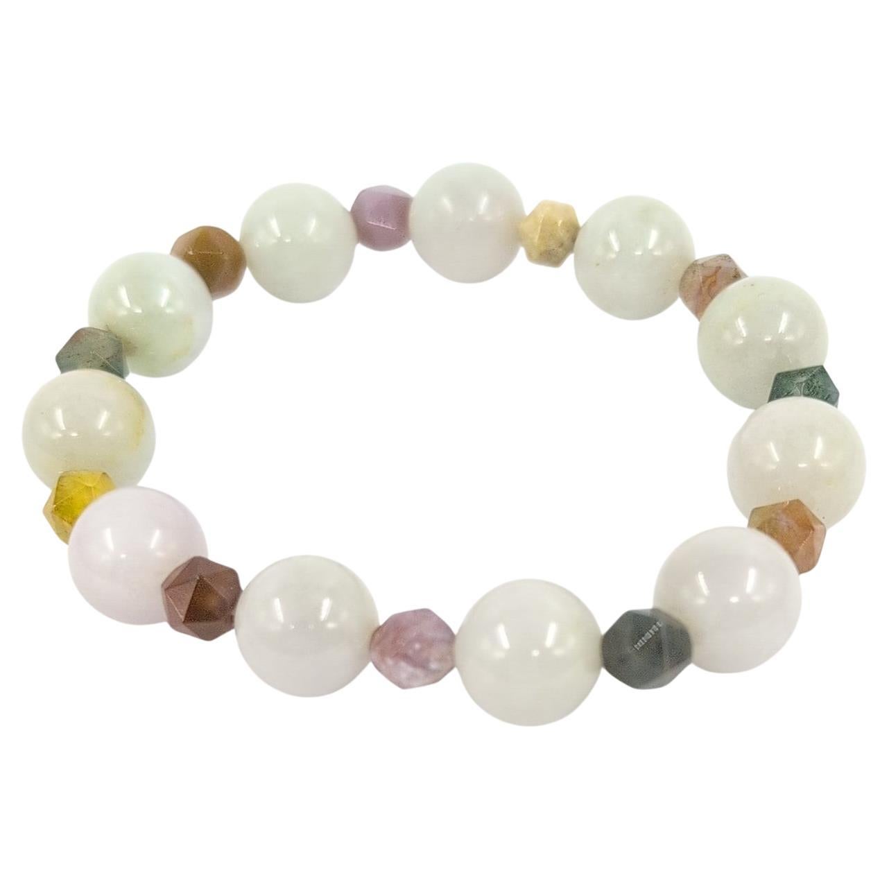 Elegantes Chinesisches Weißes Jadeit und Facettierter Achat Perlenarmband 6"-6,25" Handgelenk