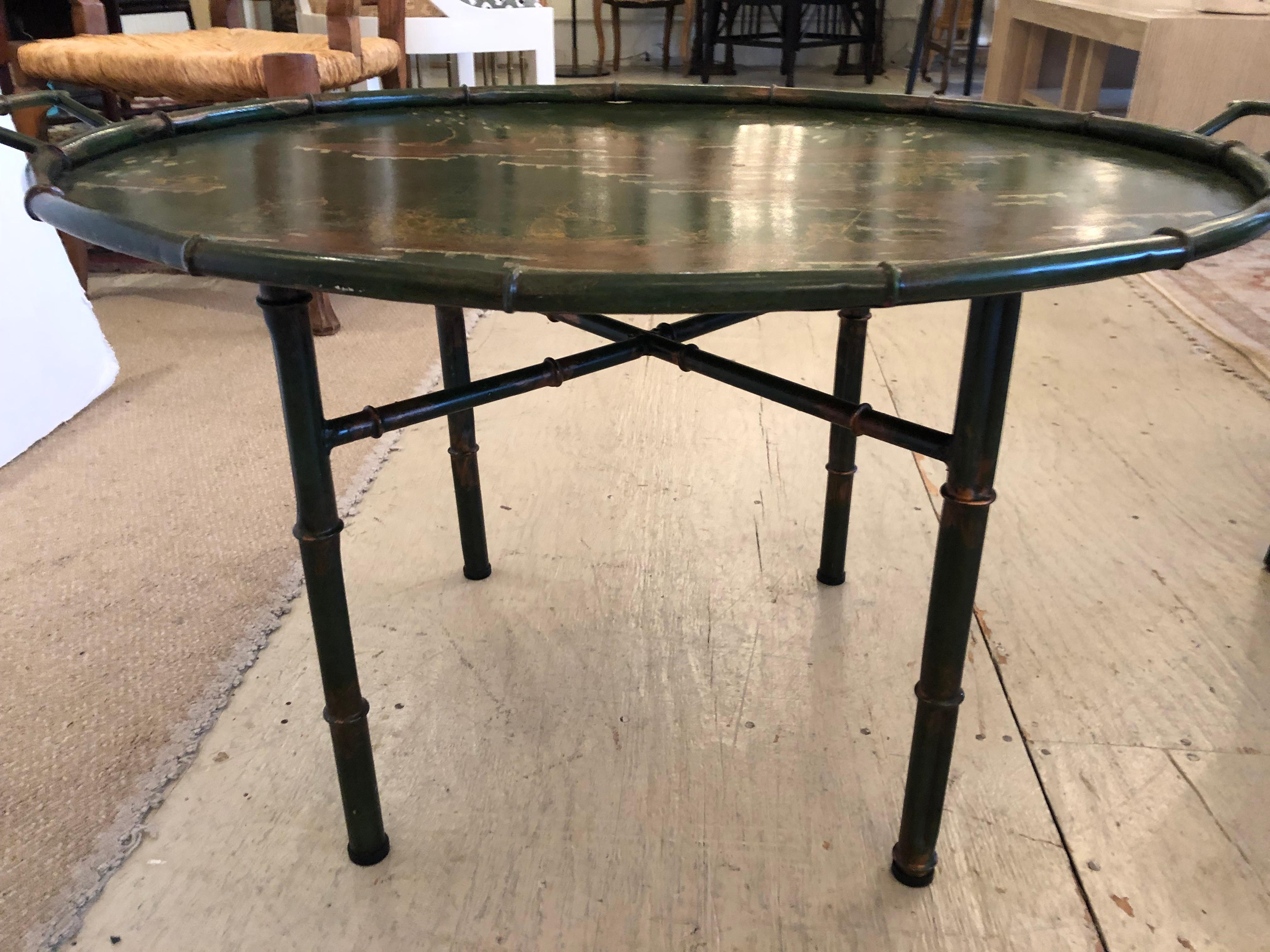 Elegant Chinoiserie Metal & Faux Bamboo Tray Top Coffee Table 1