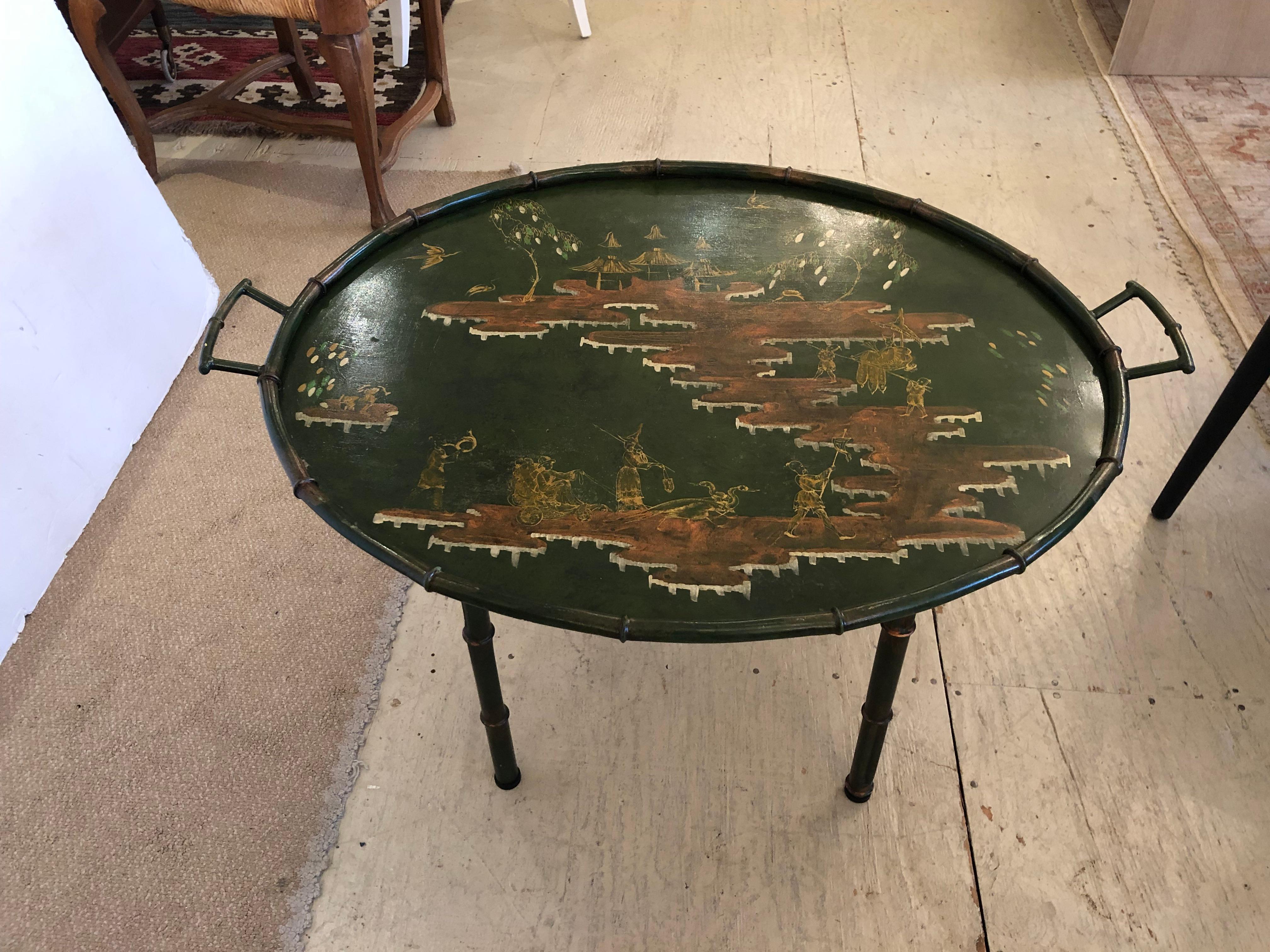 Elegant Chinoiserie Metal & Faux Bamboo Tray Top Coffee Table 2