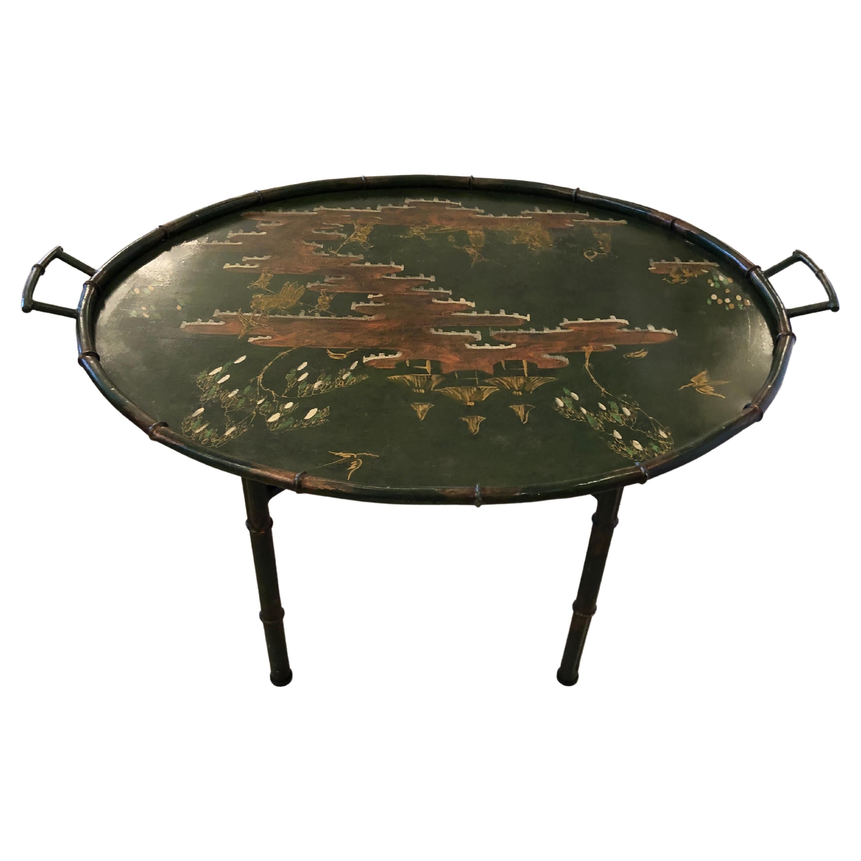 Elegant Chinoiserie Metal & Faux Bamboo Tray Top Coffee Table