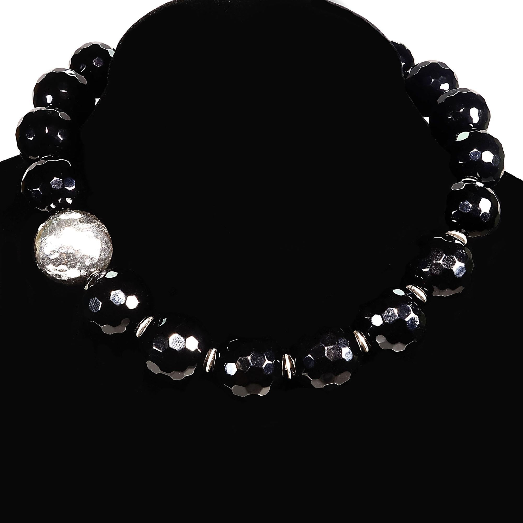 Women's or Men's AJD Elegant Necklace of Black Onyx with Pure Silver Focal