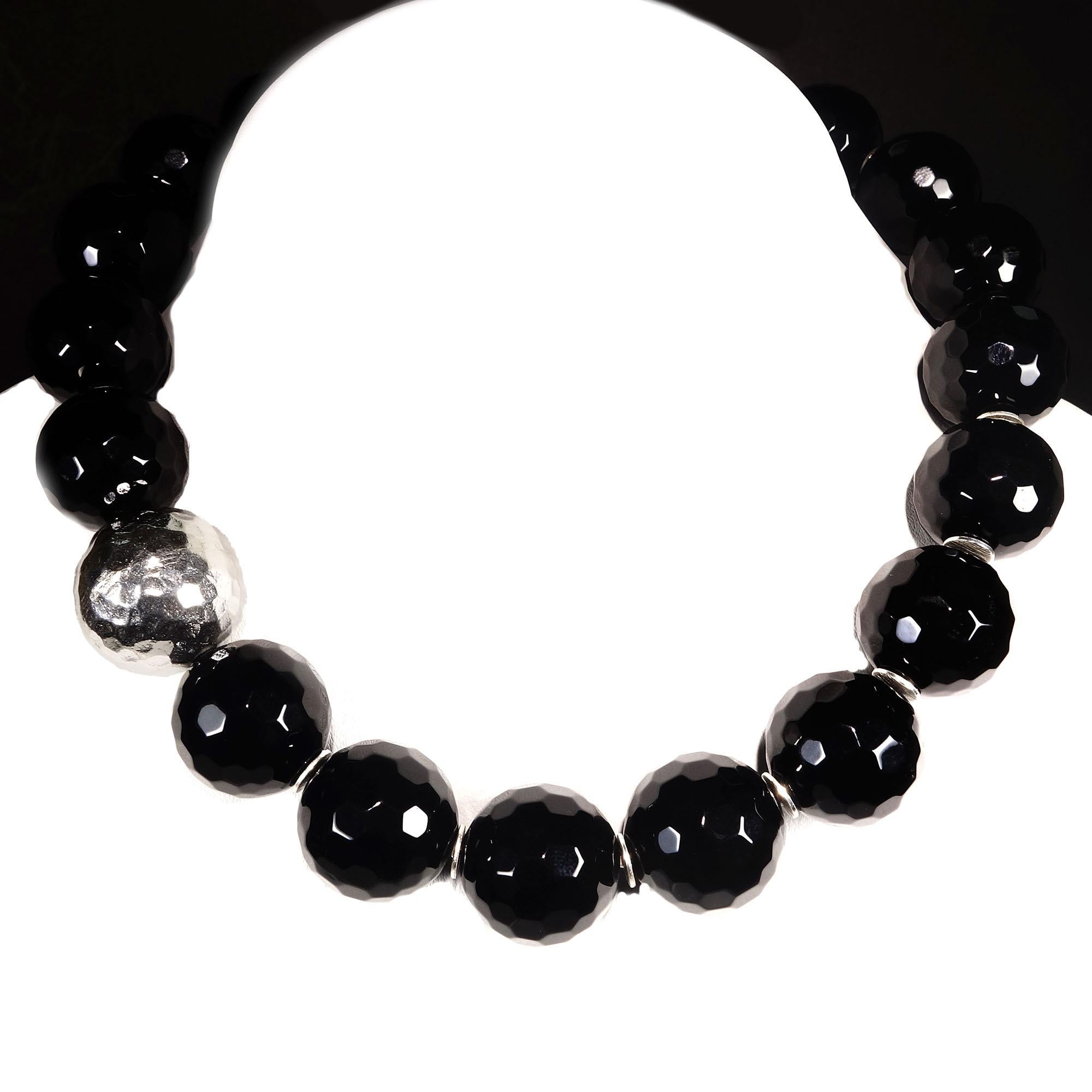 Contemporary AJD Elegant Necklace of Black Onyx with Pure Silver Focal