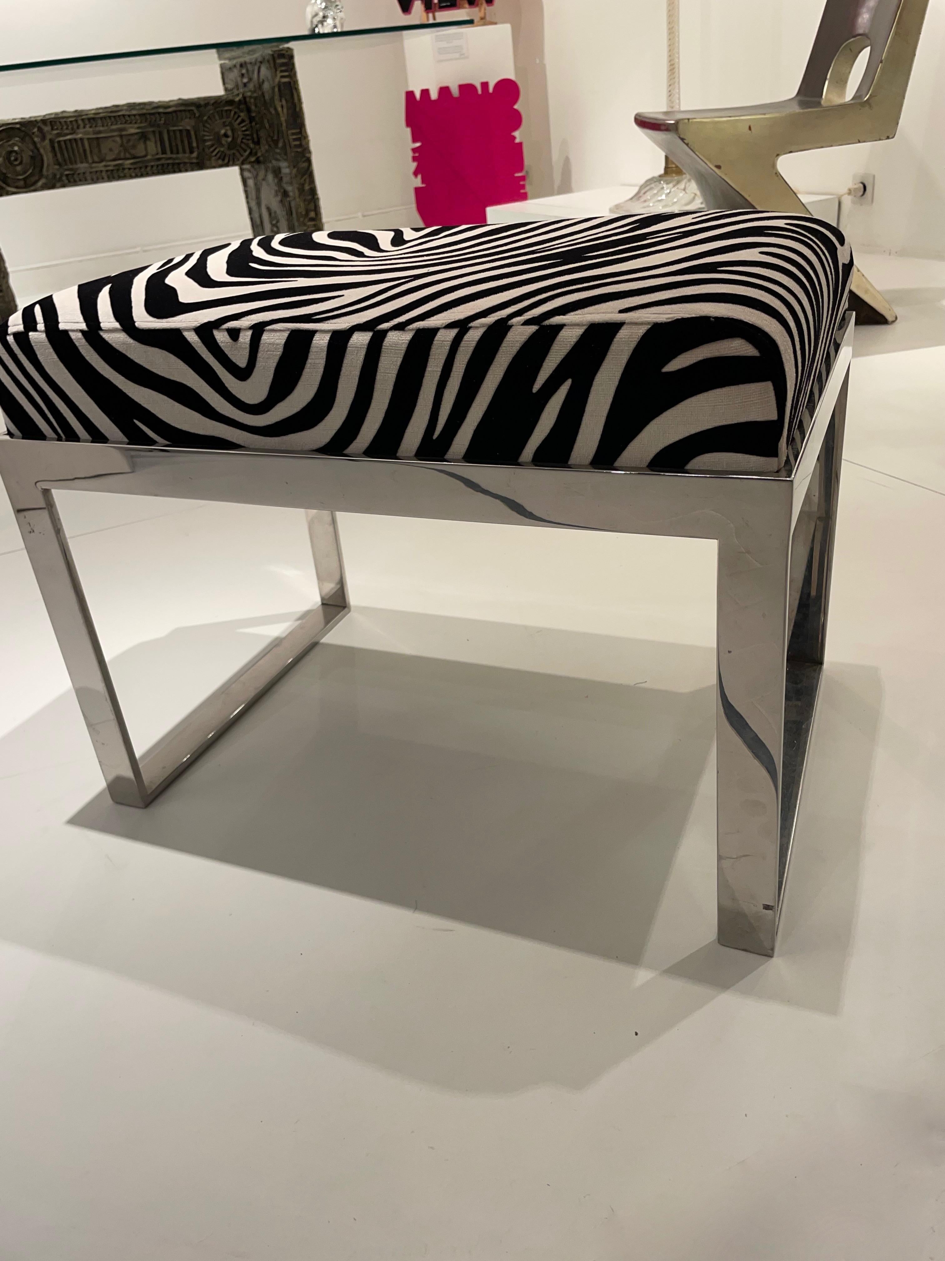 Art Deco Elegant Chromed Metal Stool Covered With A Zebra Fabric, Italy 1980. For Sale
