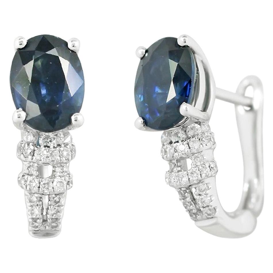 Elegant Classic Combination Blue Sapphire Diamond White Gold Earrings