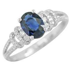 Elegante Combinación Clásica Zafiro Azul Diamante Anillo Oro Blanco