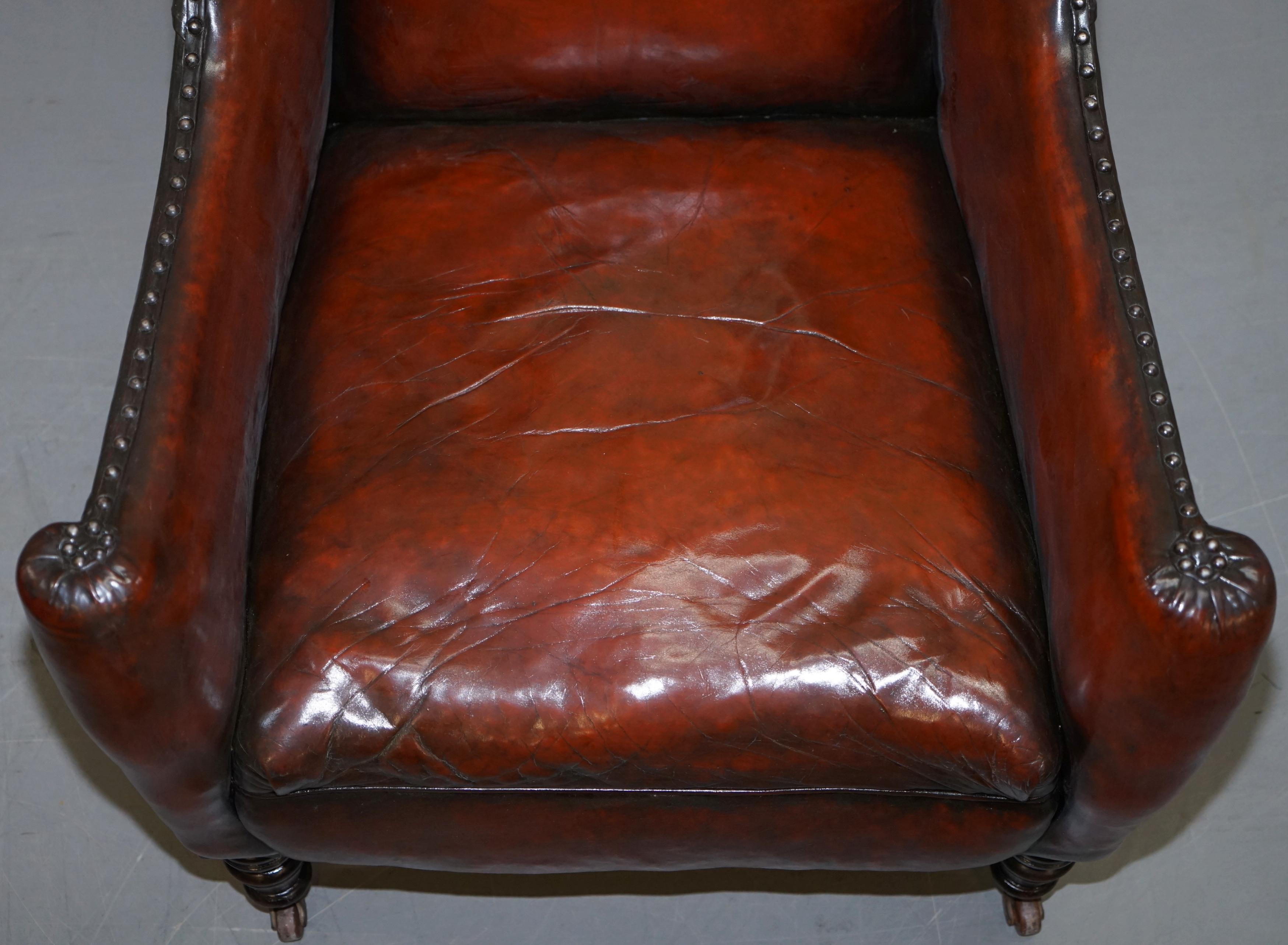 English Elegant Classic Fully Restored Edwardian Brown Leather Club Wingback Armchair