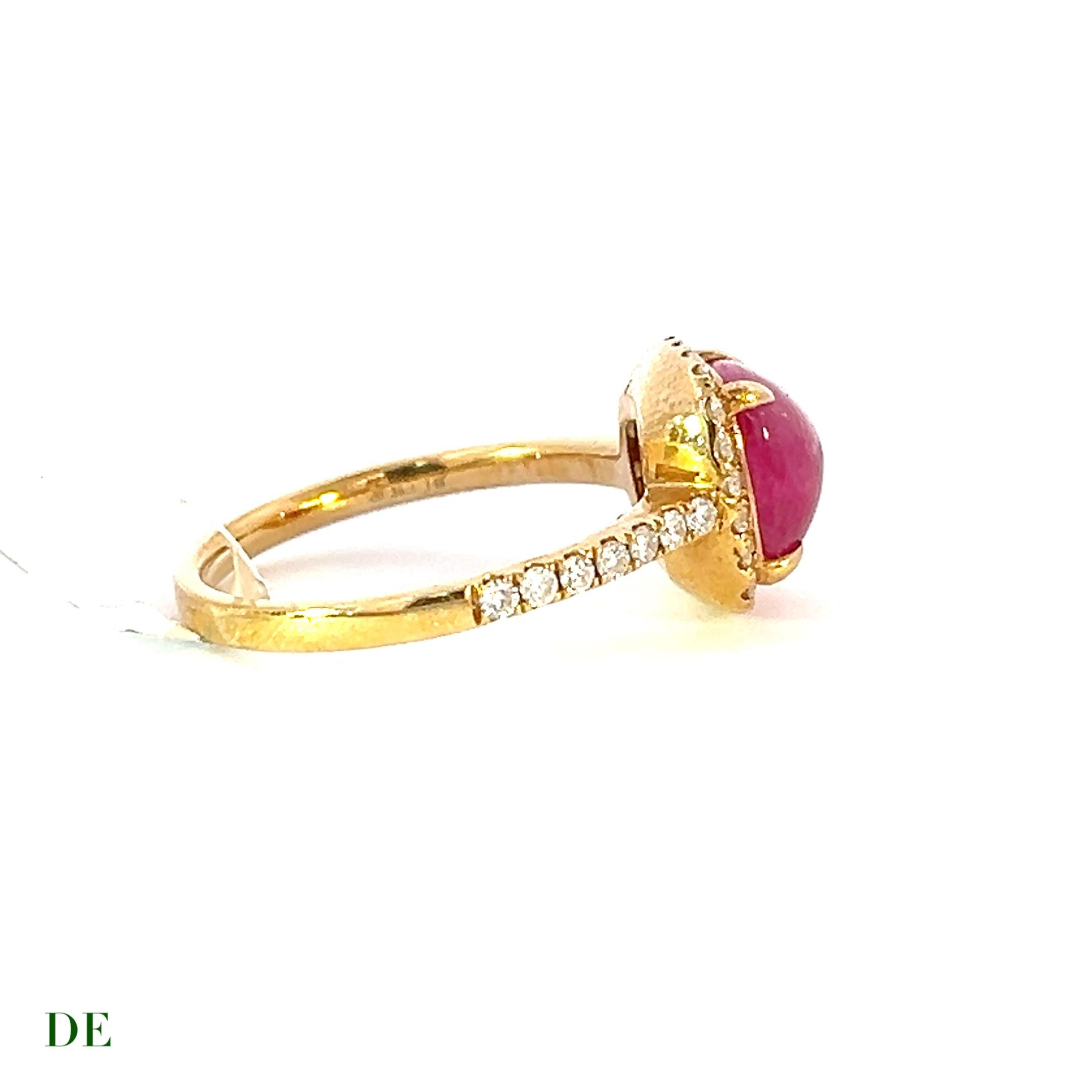 Elegant Classic Natural Cab Vibrant Ruby 2.68 ct 14k .36 ct Diamond Ring

Introducing the timeless Elegant Classic Natural Cab Vibrant Ruby and Diamond Ring. This exquisite ring features a stunning 2.68 carat natural cabochon ruby, known for its