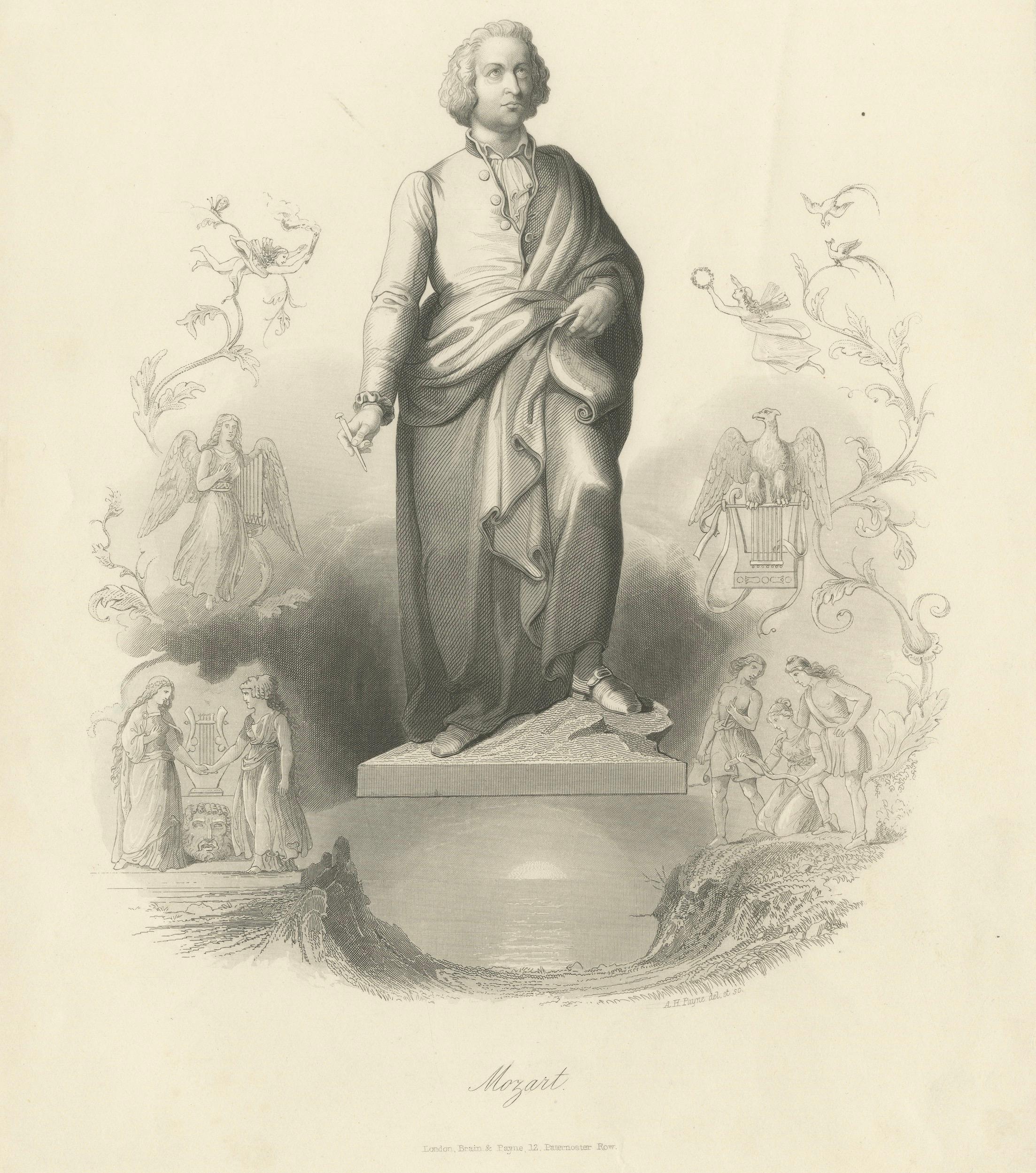 Elegant Classical Portrait of Wolfgang Amadeus Mozart – Antique Engraving, 1850