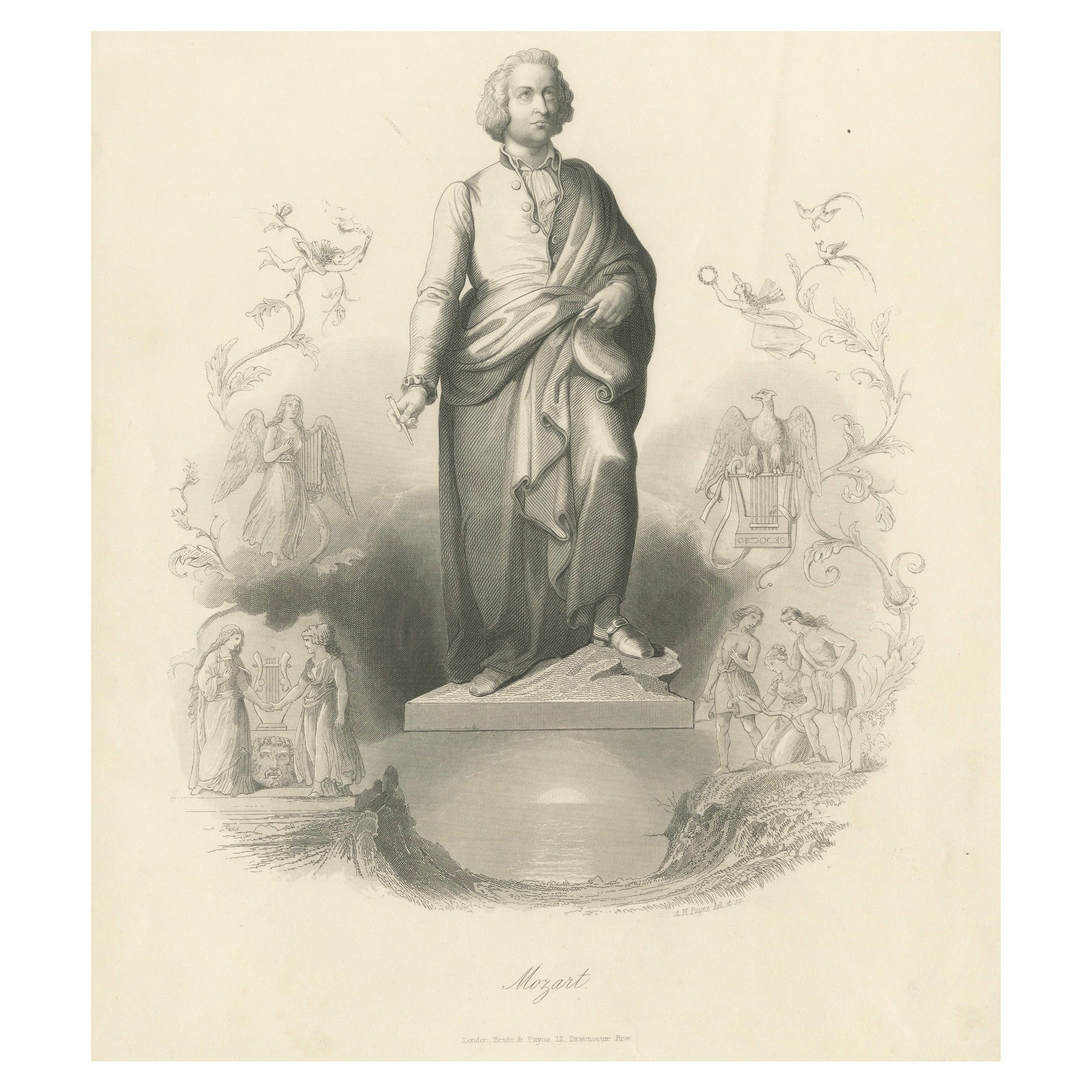 Elegant portrait classique de Wolfgang Amadeus Mozart - Gravure ancienne, 1850 en vente