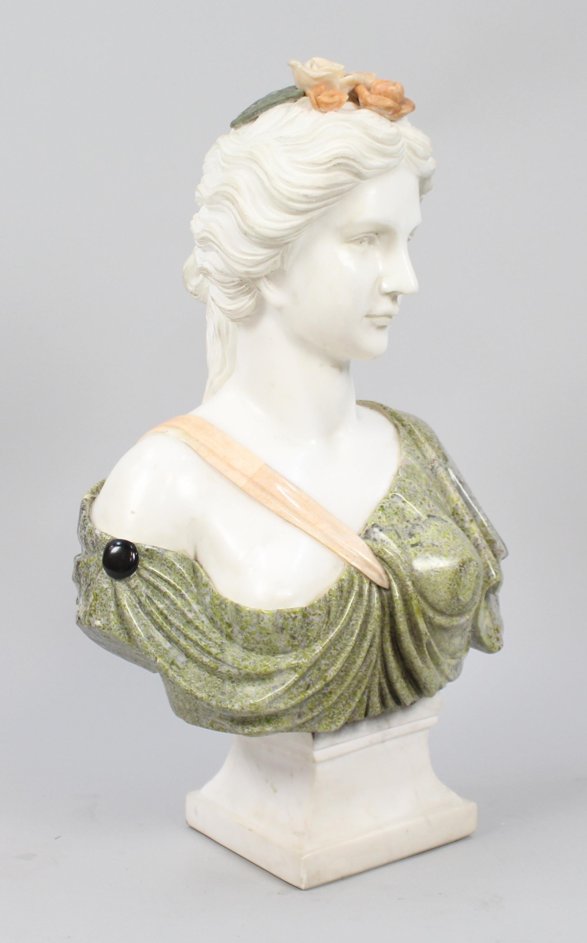 Period 
Late 20th century, antique style

Composition 
Marble

Condition 
Good condition. One or two marks to marble commensurate with age
 



Elgant white and colored marble bust of lady on square plinth base.

 


      