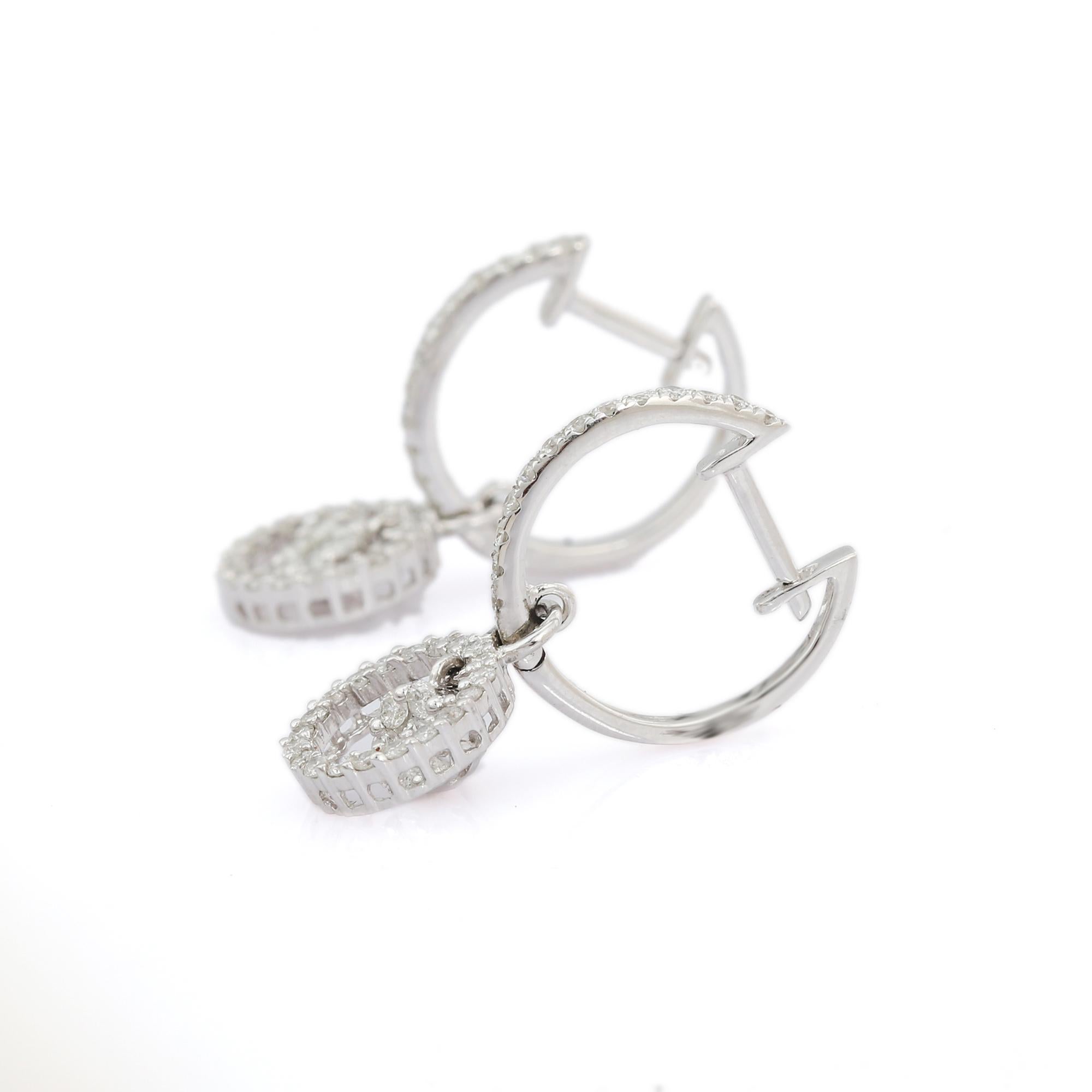 Art Deco Elegant Clip-On Style 14K White Gold Floral Diamond Dangle Earrings For Sale