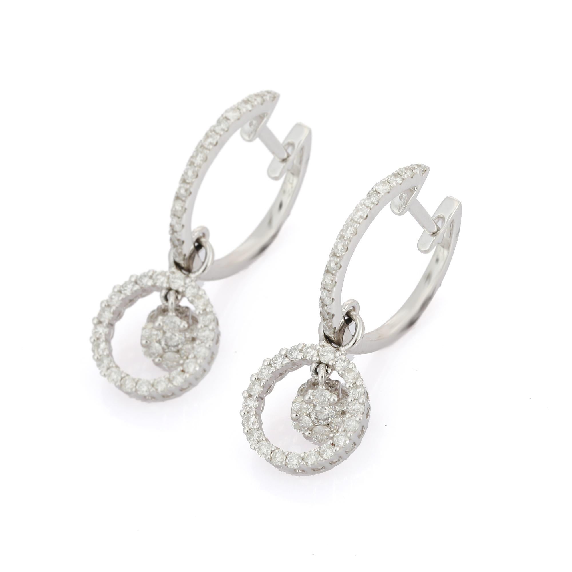 Round Cut Elegant Clip-On Style 14K White Gold Floral Diamond Dangle Earrings For Sale