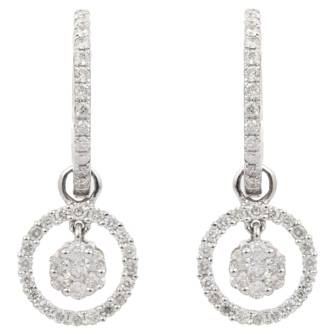 Elegant Clip-On Style 14K White Gold Floral Diamond Dangle Earrings For Sale