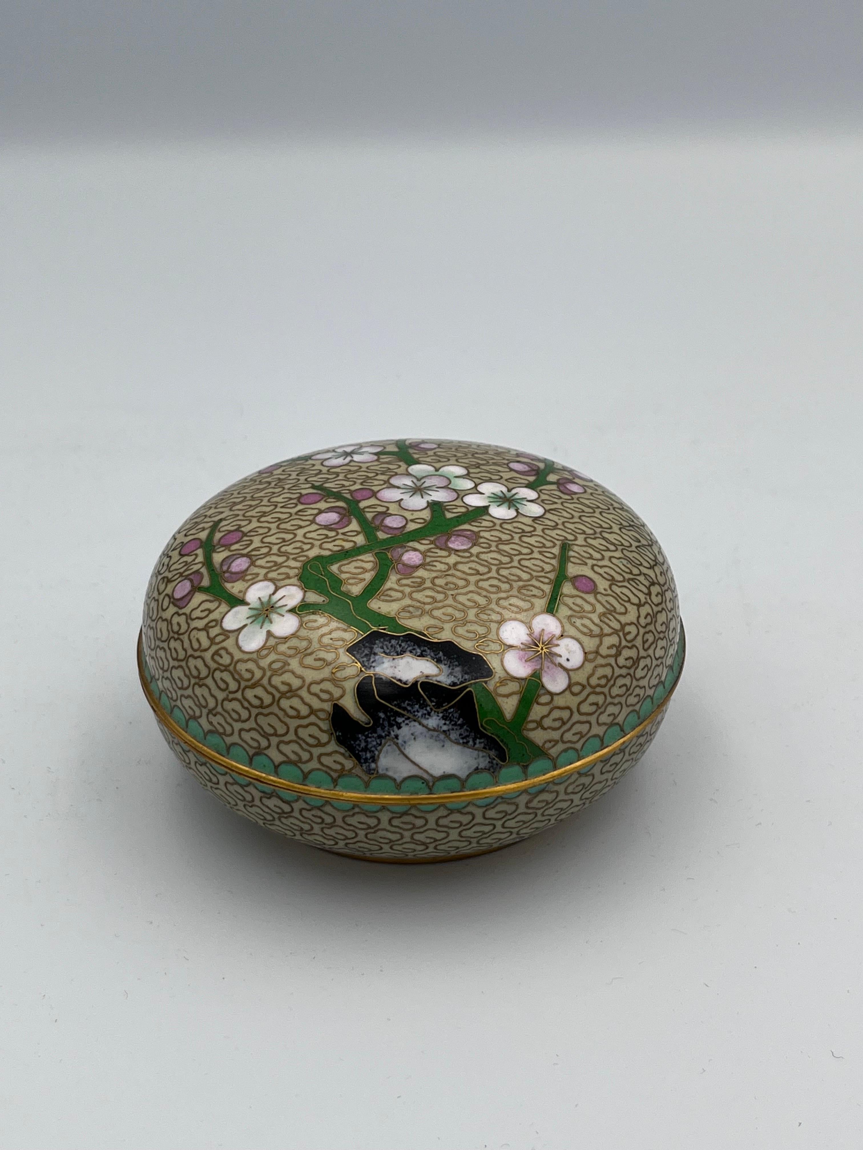 Elegante Caja de Baratijas Cloisonné Flor de Cerezo del Siglo XX - Latón y Esmalte con Interior Teal

Esta exquisita caja de baratijas vintage de cloisonné es un bello ejemplo del arte decorativo del siglo XX. Fabricada íntegramente en latón y