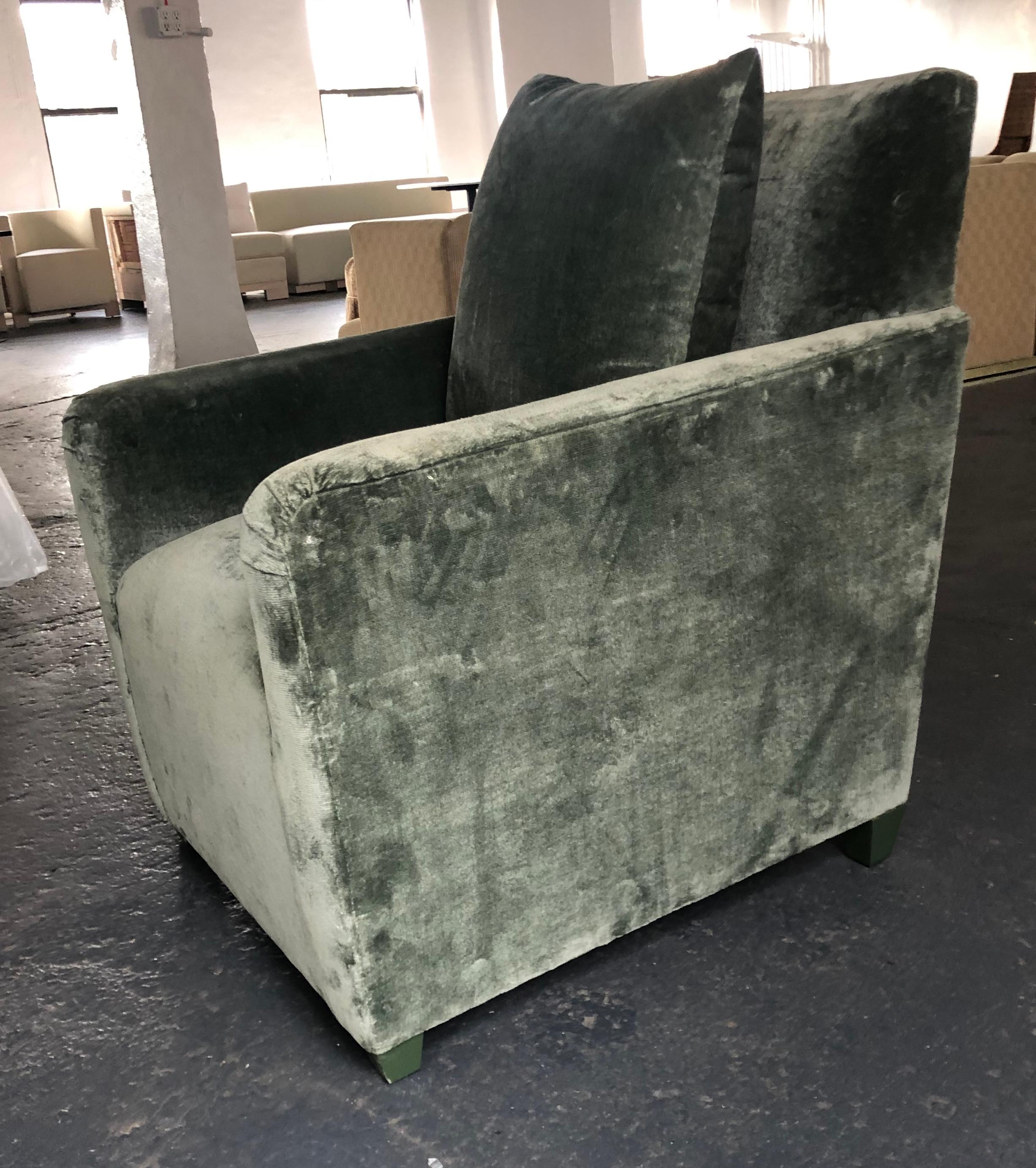 North American Elegant Club Chair and Ottoman by Geoffrey Bradfield in a Moss Green Velour For Sale