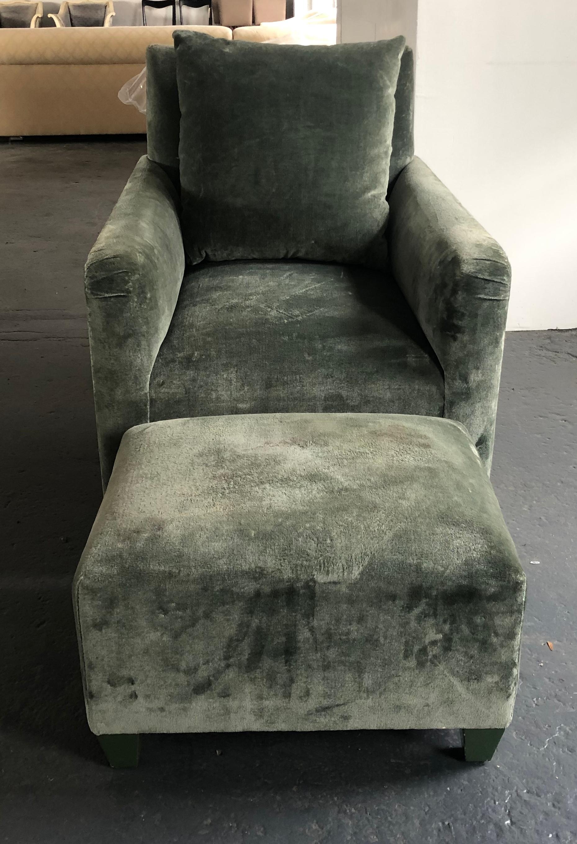 Velvet Elegant Club Chair and Ottoman by Geoffrey Bradfield in a Moss Green Velour For Sale