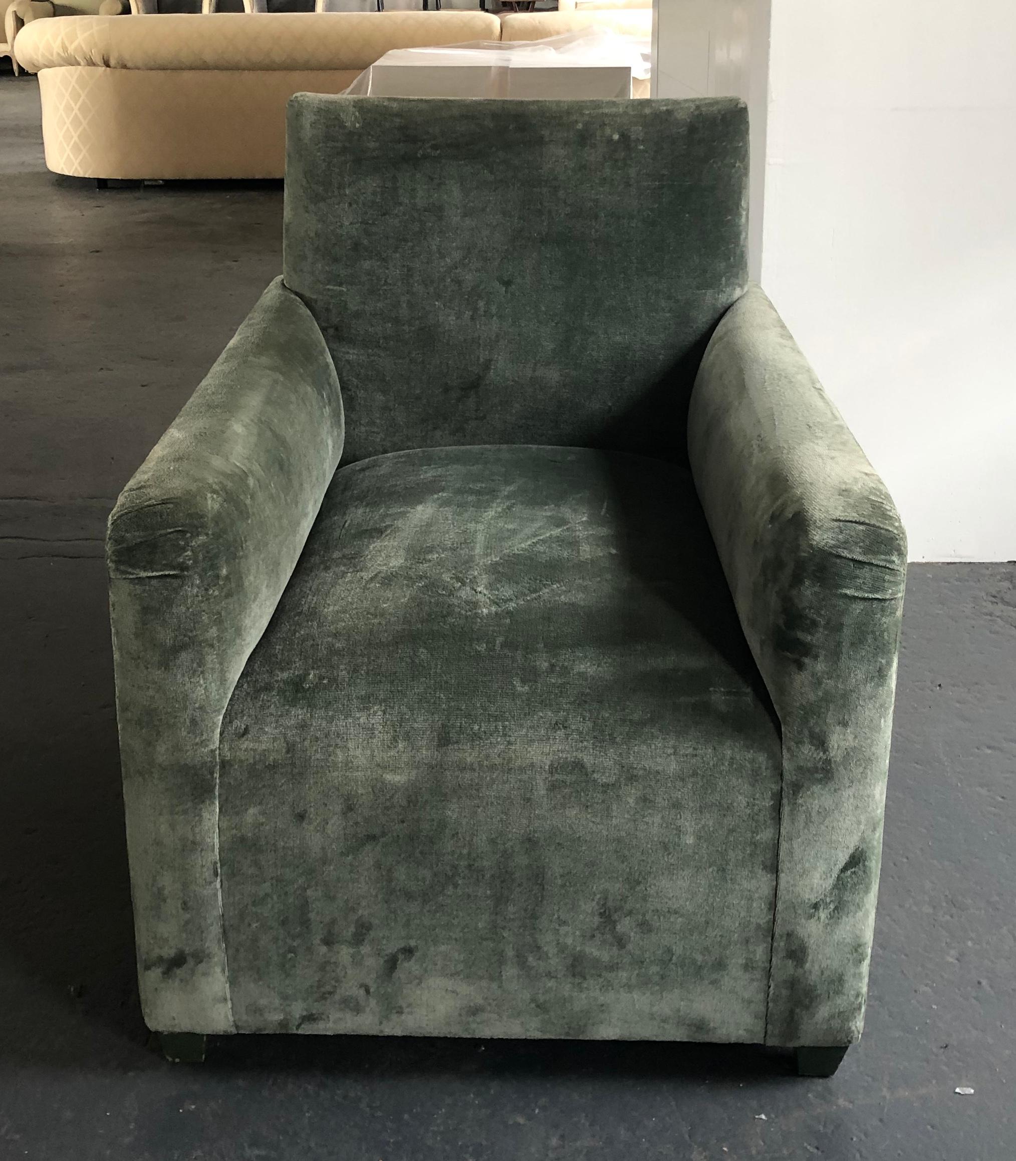 Elegant Club Chair and Ottoman by Geoffrey Bradfield in a Moss Green Velour For Sale 1