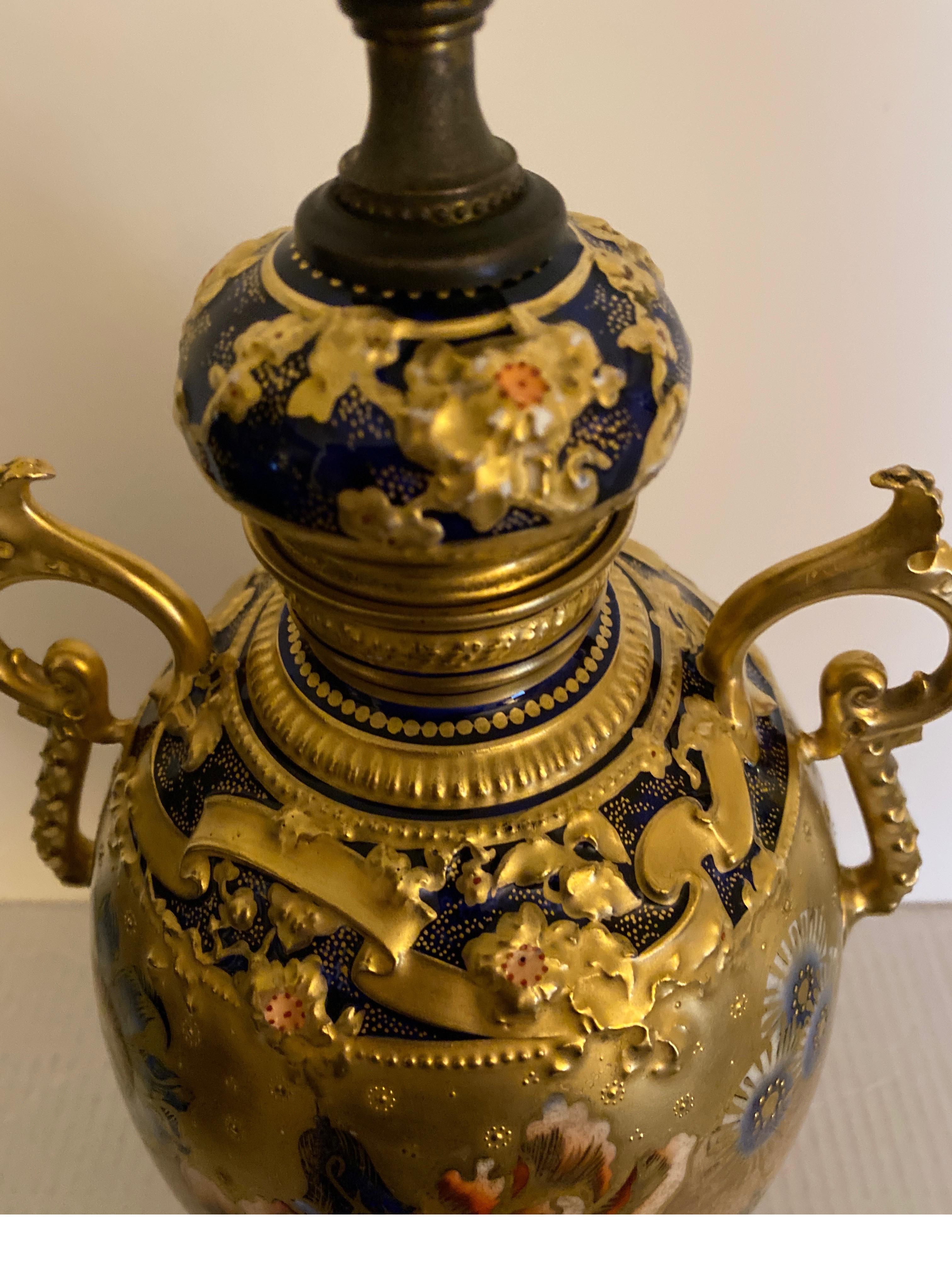 Porcelain Elegant Cobalt and Gold Encrusted 19th Century Royal Crown Derby Lamp For Sale