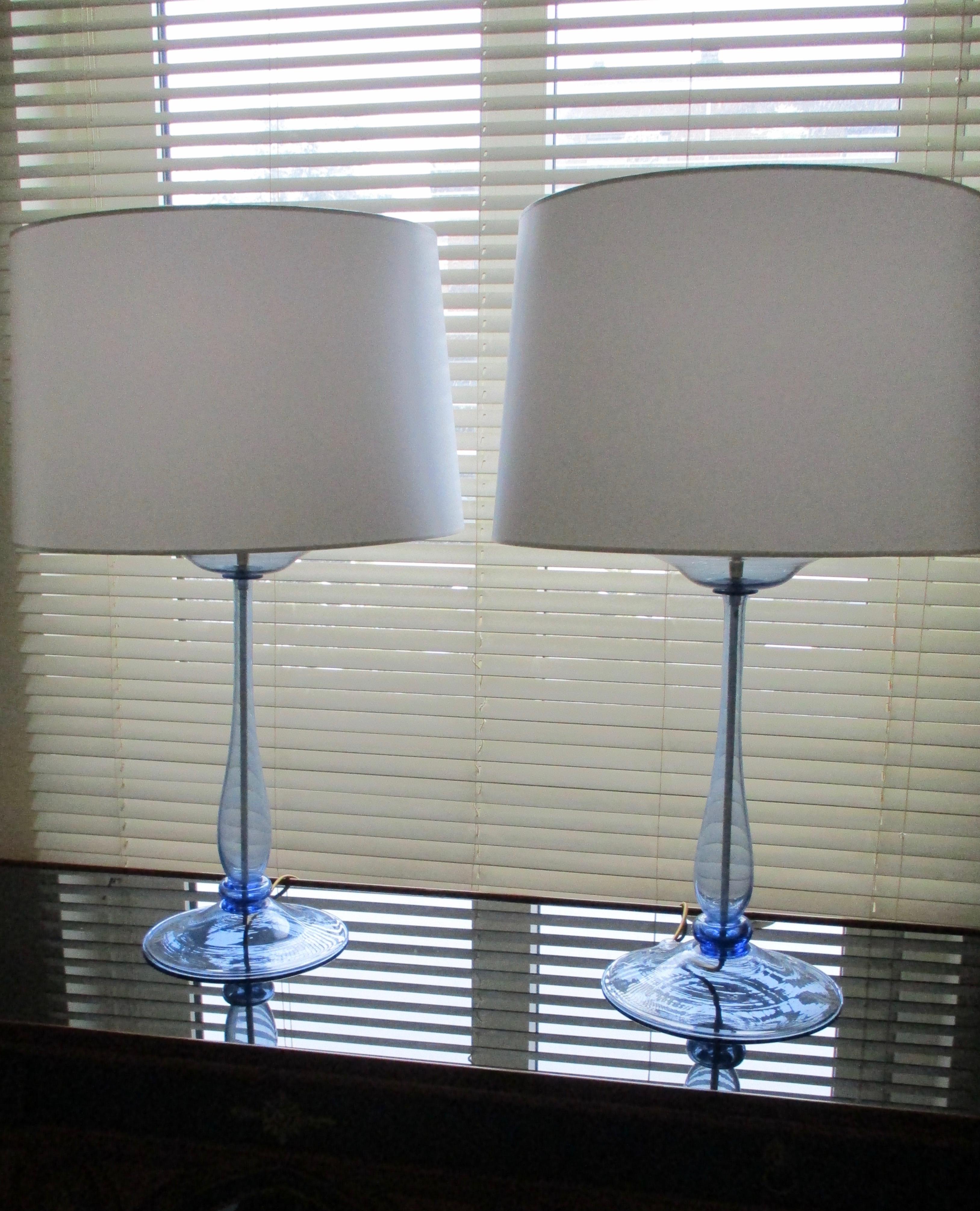 Pair of big cobalt blue Murano lamps attributed to Venini, Cappellin.
New lampshades, new wiring, one light,
Circa 1930.