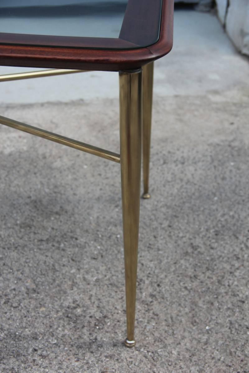 Coffee Table Brass Mahogany Italian Design, 1950 Mid-Century Modern  In Excellent Condition In Palermo, Sicily