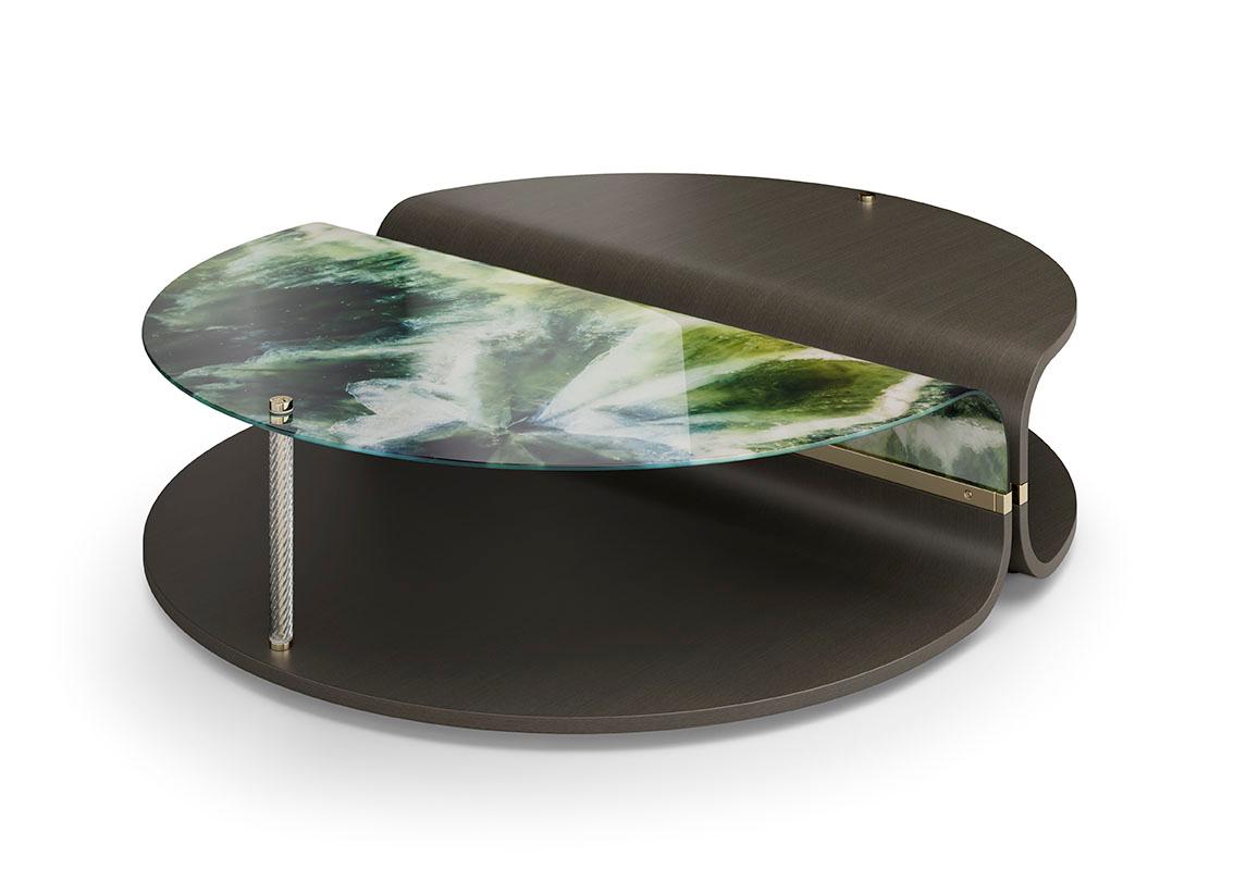 Eleganter eleganter Couchtisch, geschwungenes Holzpaneel, geschwungenes Kunstglas, transparente Glasröhre im Angebot 5