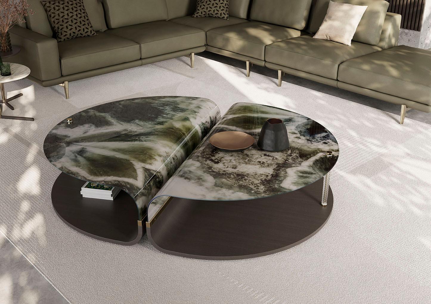 Eleganter eleganter Couchtisch, geschwungenes Holzpaneel, geschwungenes Kunstglas, transparente Glasröhre im Angebot 6