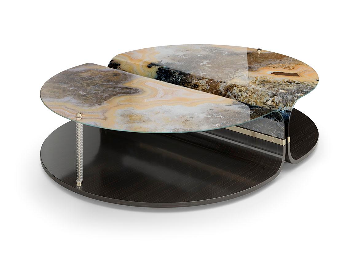 Eleganter eleganter Couchtisch, geschwungenes Holzpaneel, geschwungenes Kunstglas, transparente Glasröhre im Angebot 7