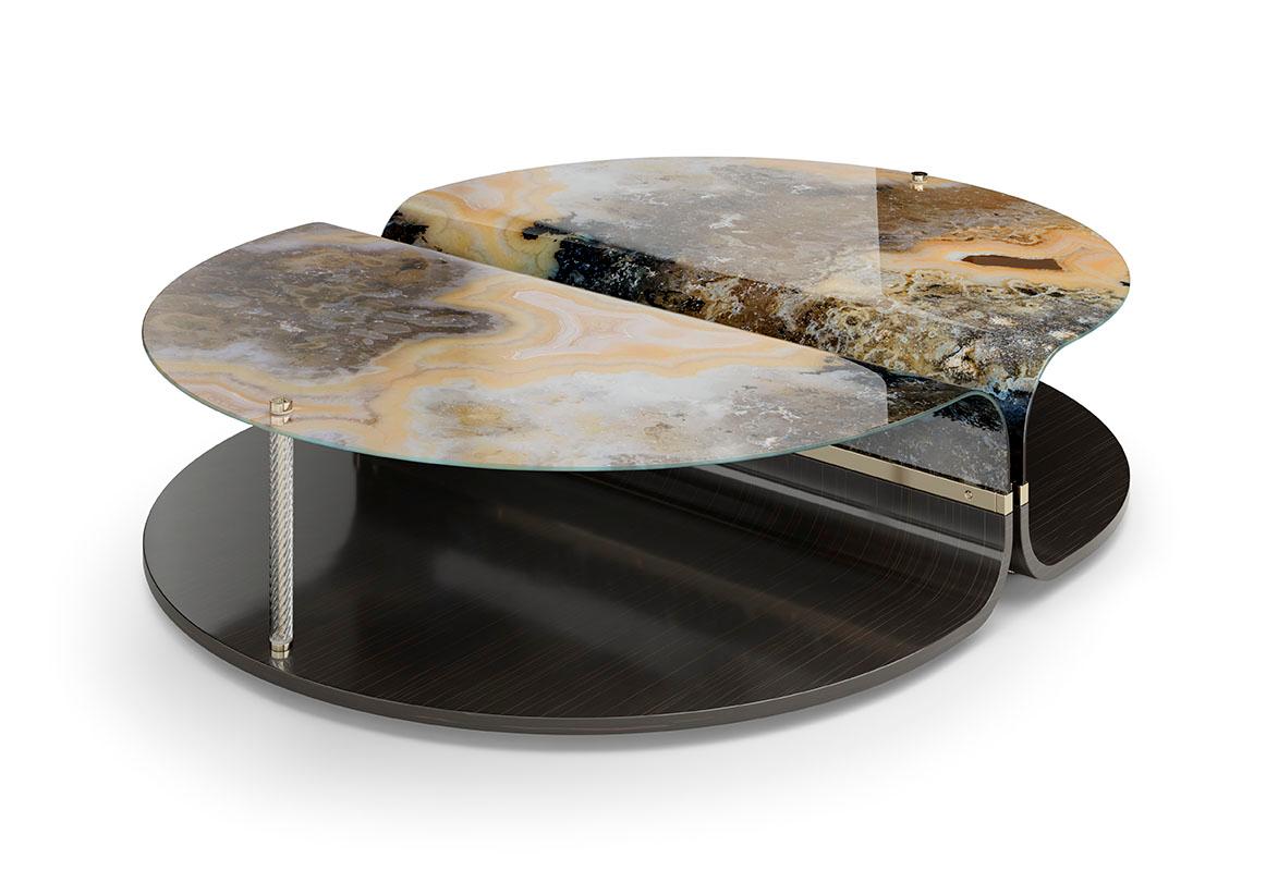 Elegant Coffee Table Curved Wood Panel Curved Art Glass Transparent Glass Tube For Sale 7