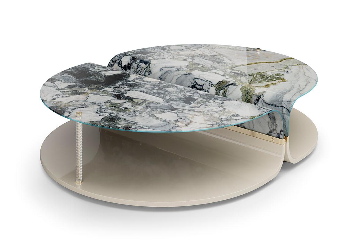 Elegant Coffee Table Curved Wood Panel Curved Art Glass Transparent Glass Tube For Sale 8