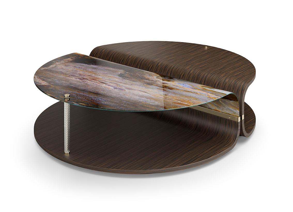 Elegant Coffee Table Curved Wood Panel Curved Art Glass Transparent Glass Tube For Sale 9