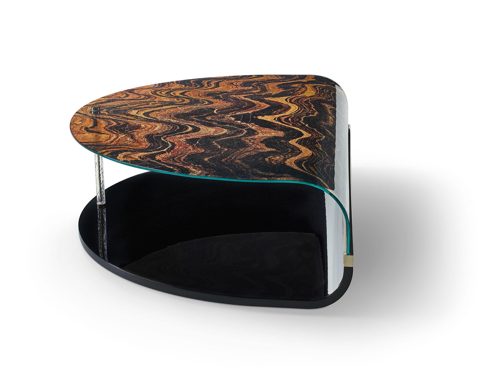 Eleganter eleganter Couchtisch, geschwungenes Holzpaneel, geschwungenes Kunstglas, transparente Glasröhre (Moderne) im Angebot