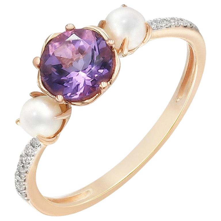 Elegant Combination Pearls Amethyst Diamond White Pink Ring