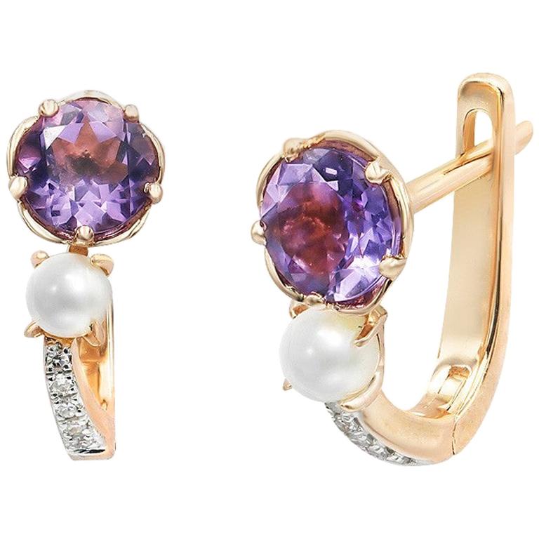 Elegant Combination Pearls Purple Amethyst Diamond Pink Gold Lever Back Earrings