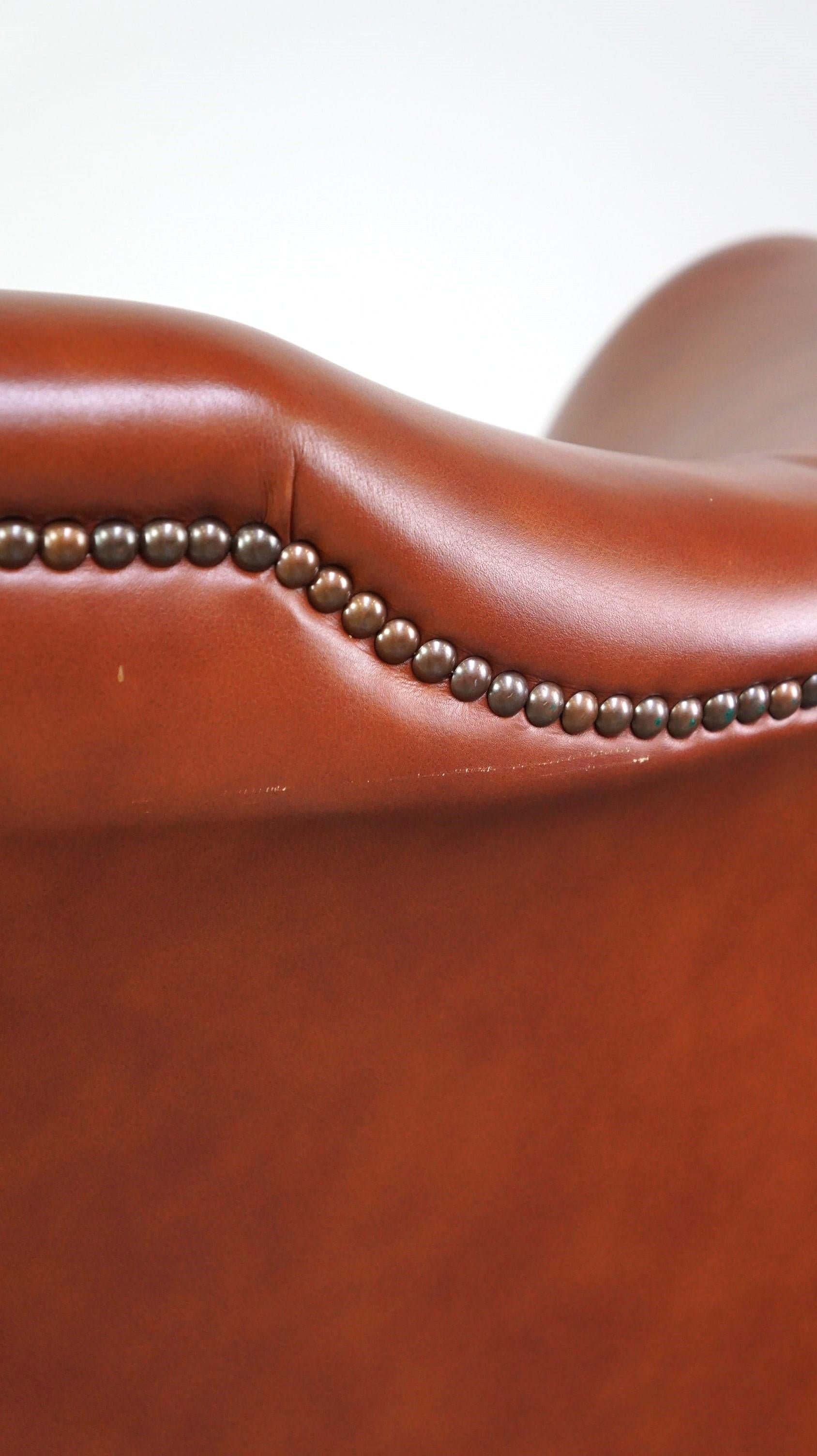 Fauteuil anglais Chesterfield élégant et confortable à dossier à oreilles, cuir de vache en vente 5