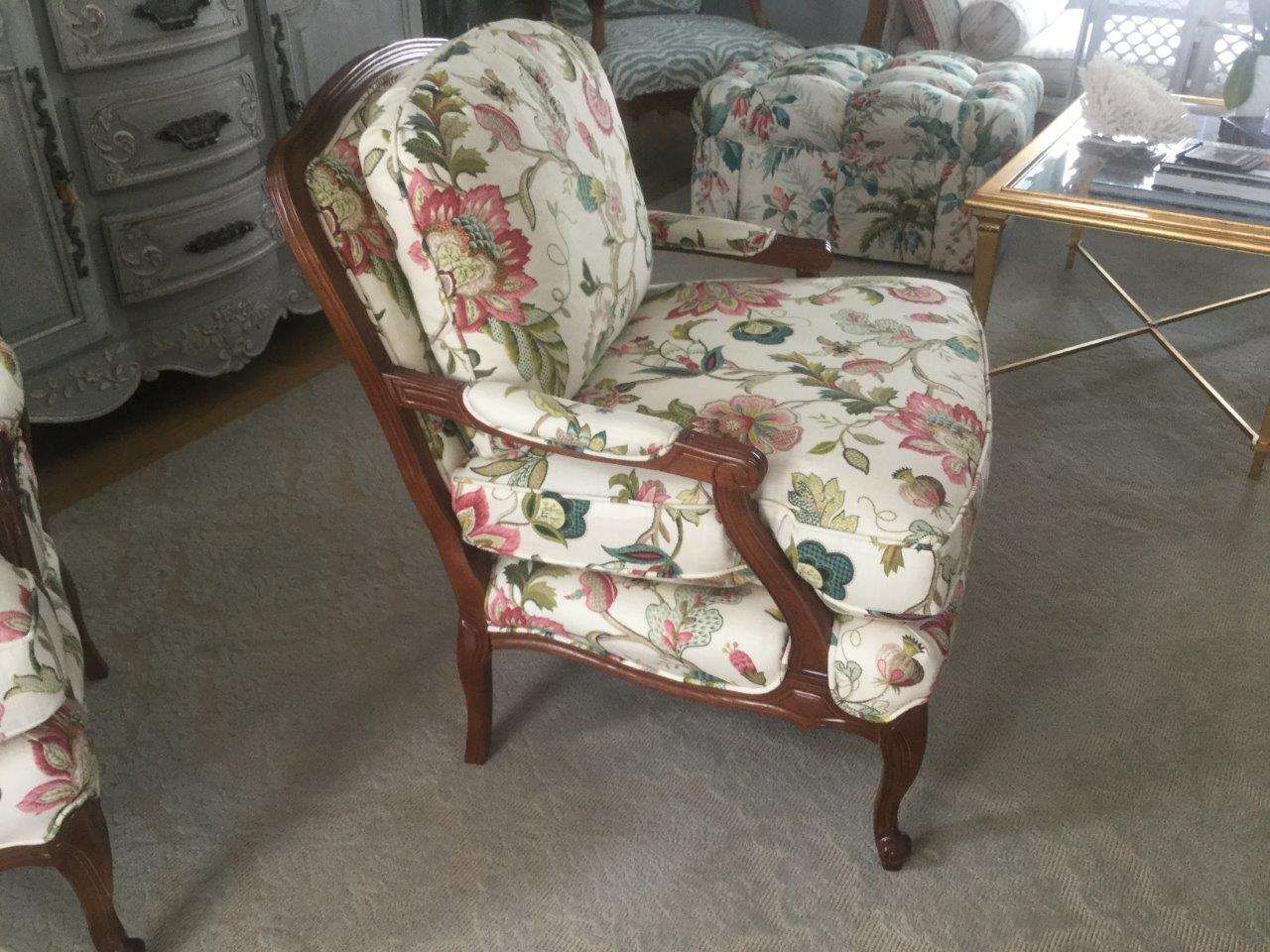 Elegant Comfy Pair of French Style Bergere Armchairs with Floral Upholstery 1