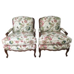 Elegant Comfy Pair of French Style Bergere Armchairs with Floral Upholstery