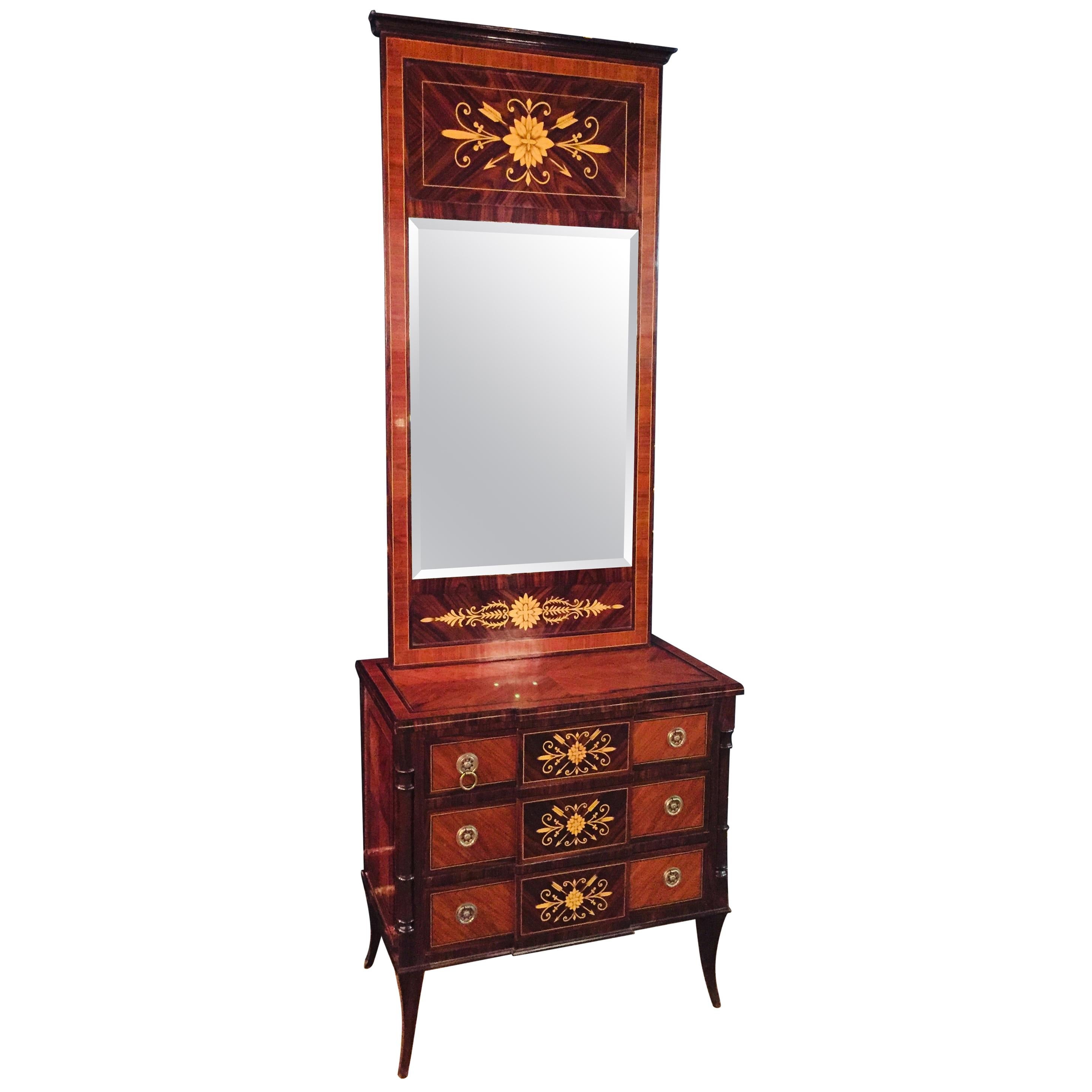 Elegant Commode with Mirror antique Biedermeier Style with Inlays Mahogany