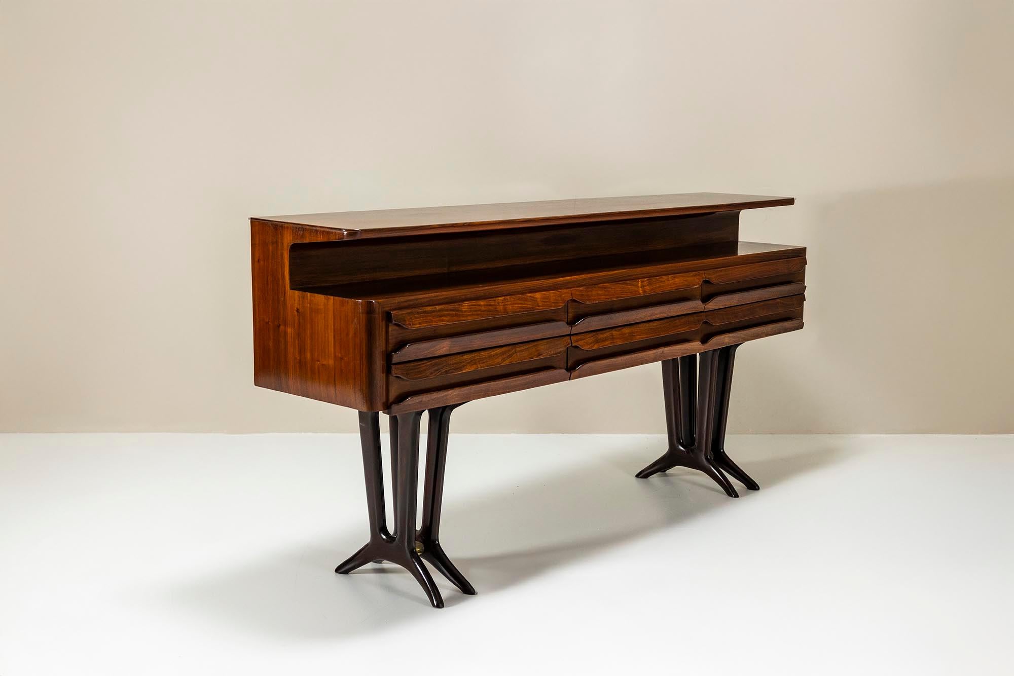 Elegante Konsole im Stil von Parisi, furniert aus Mahagoni mit Messing, Italien (Italienisch)