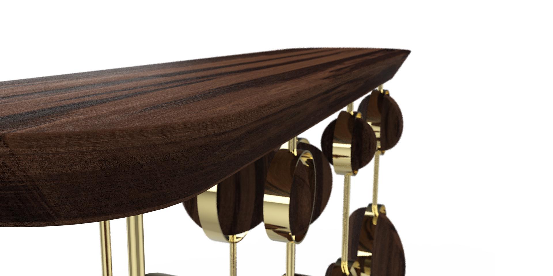 Table console élégante:: style moderne:: pieds circulaires en laiton:: dessus en noyer Neuf à Paris, FR