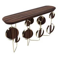 Elegant Console Table, Modern Style, Circle Brass Legs, Walnut Top