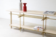 Elegant console with brass structure and travertine marble tops