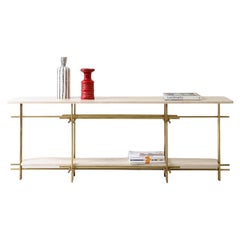 Elegant console with brass structure and travertine marble tops